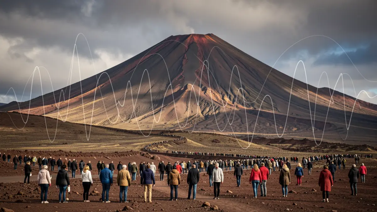 Image of the Teide volcano in Tenerife with seismic wave graphics.