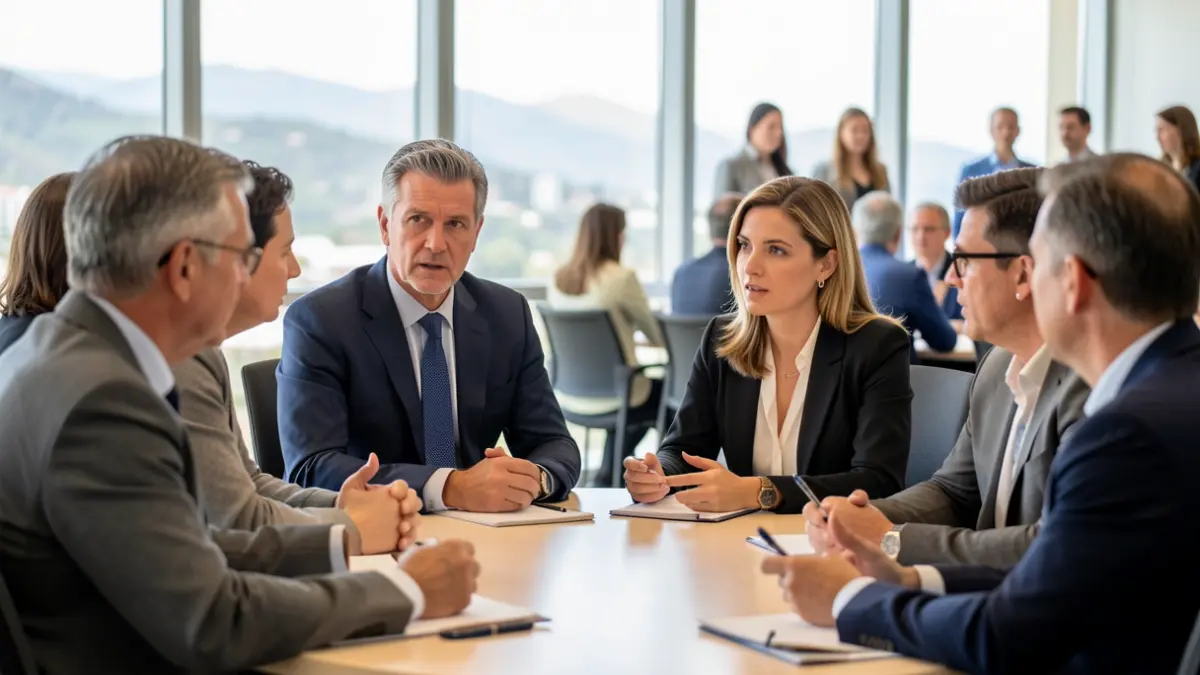 Imagen genérica de profesionales discutiendo en una sala de conferencias con vistas a un paisaje canario.