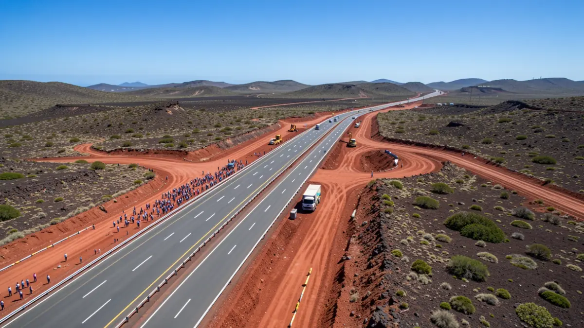 Vista aérea de la ampliación de la GC-1 en Telde, Gran Canaria, con nuevo carril en construcción sobre terreno volcánico.