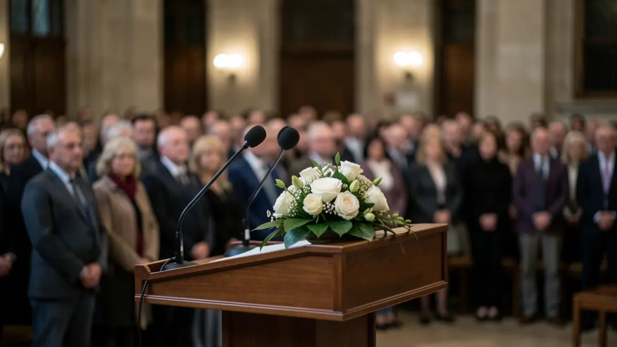 Generic image of a podium with microphones and a floral arrangement in an institutional setting.