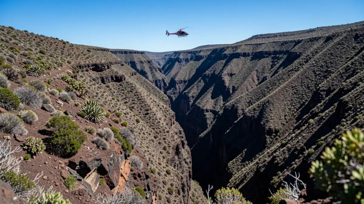 Imagen genérica de un barranco en Tenerife con un helicóptero de rescate.