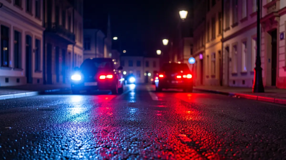 Generic image of emergency lights reflected on asphalt at night.