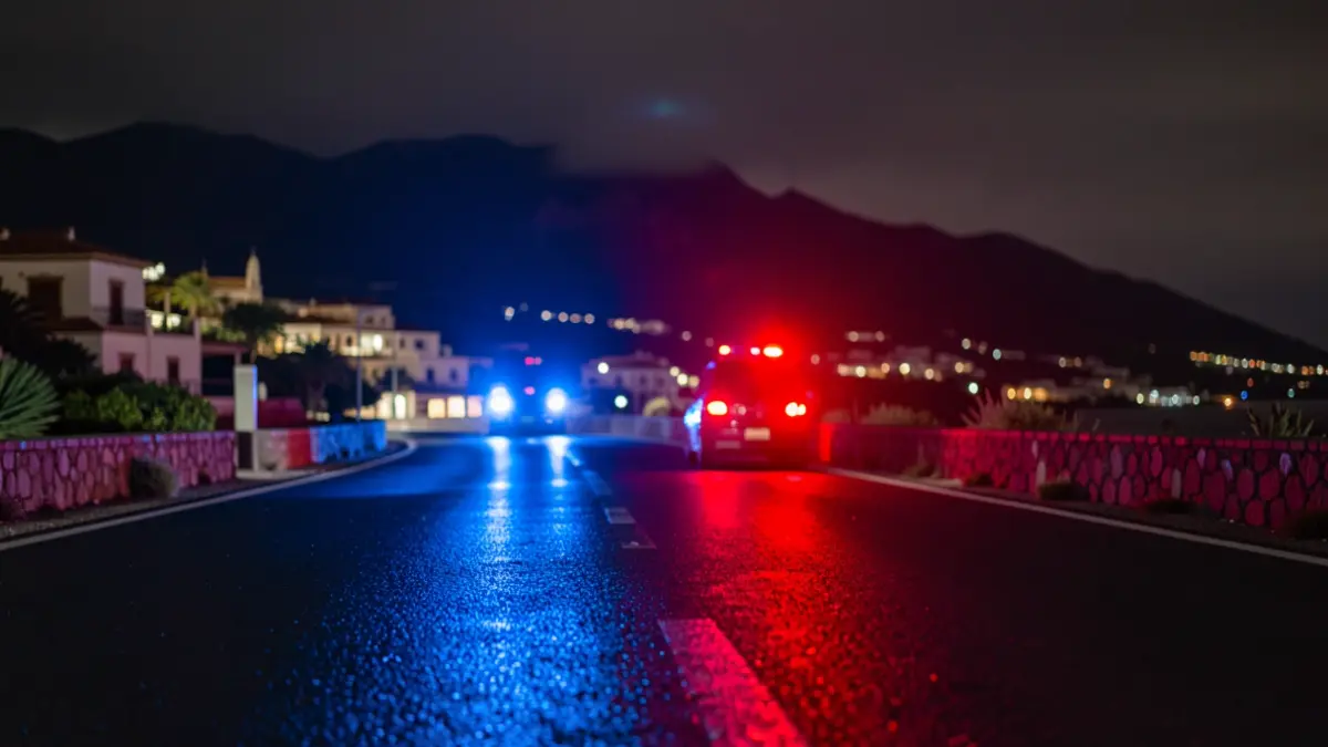 Imagen genérica de luces de emergencia policiales reflejándose en asfalto mojado por la noche.