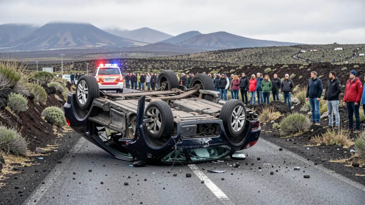 Generic image of an overturned car on a road in the Canary Islands with emergency lights.