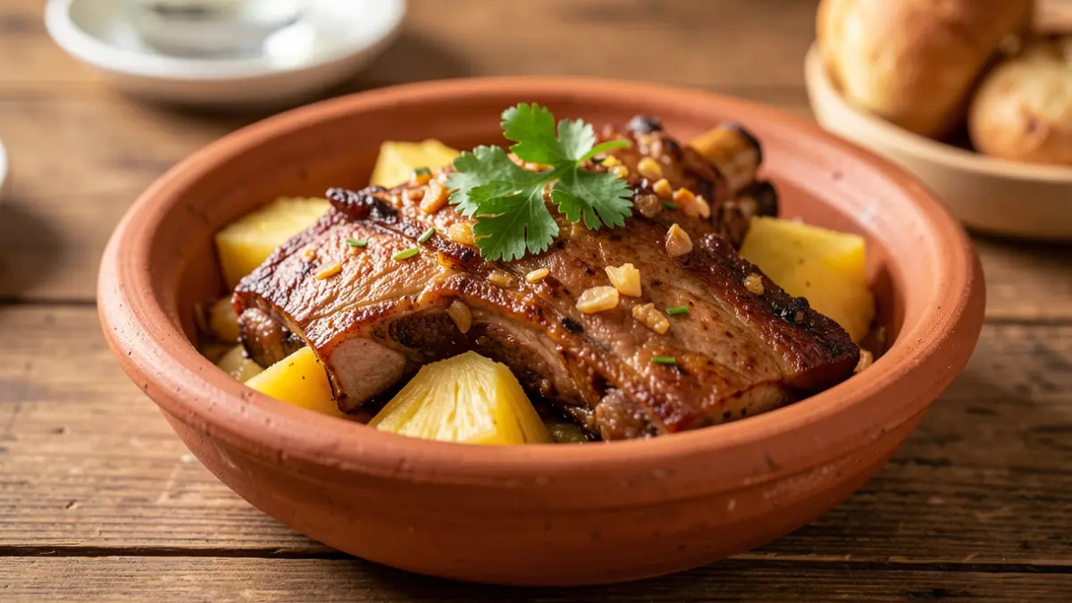 Plato de costillas con piña, un plato tradicional canario.