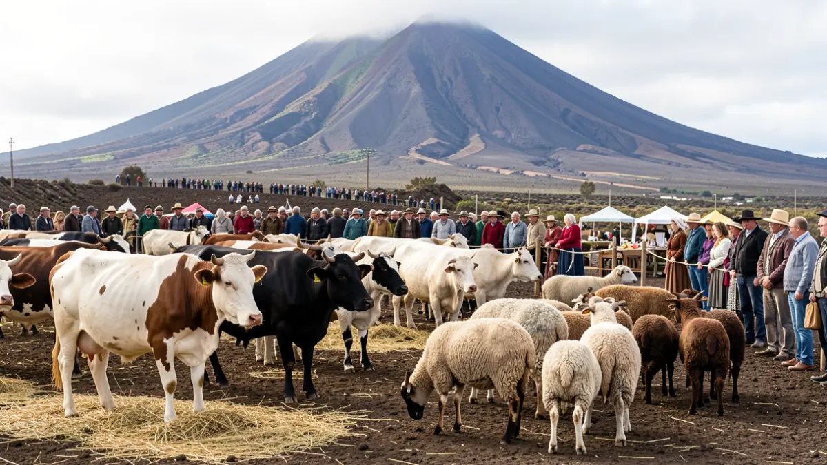 Imagen genérica de una feria de ganado tradicional en Canarias con animales y público.