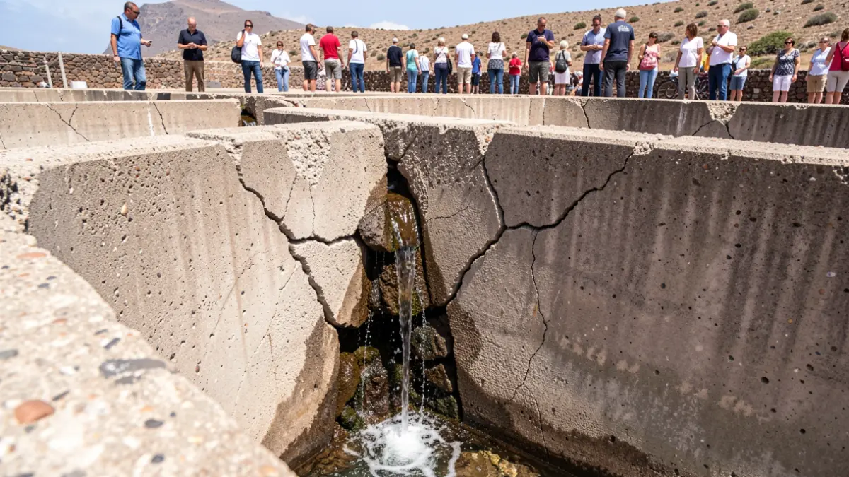 Image of cracks in the La Montaña water reservoir in Firgas.