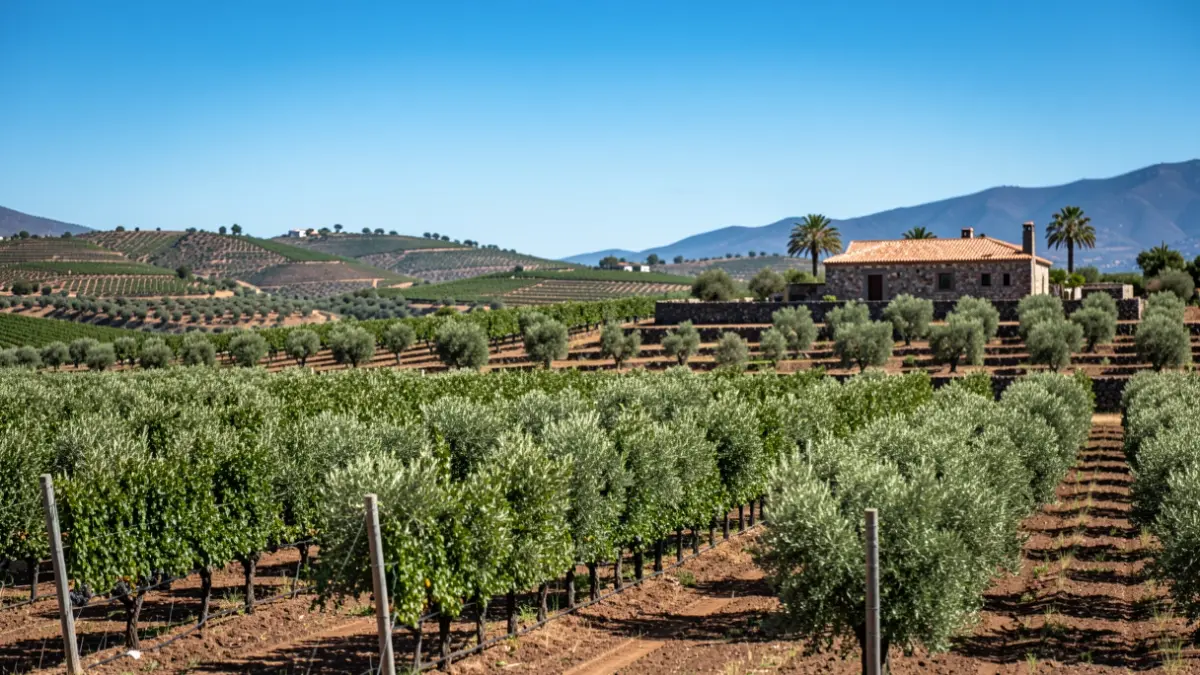 Finca agrícola en Gran Canaria con viñedos, olivos y una casa tradicional.