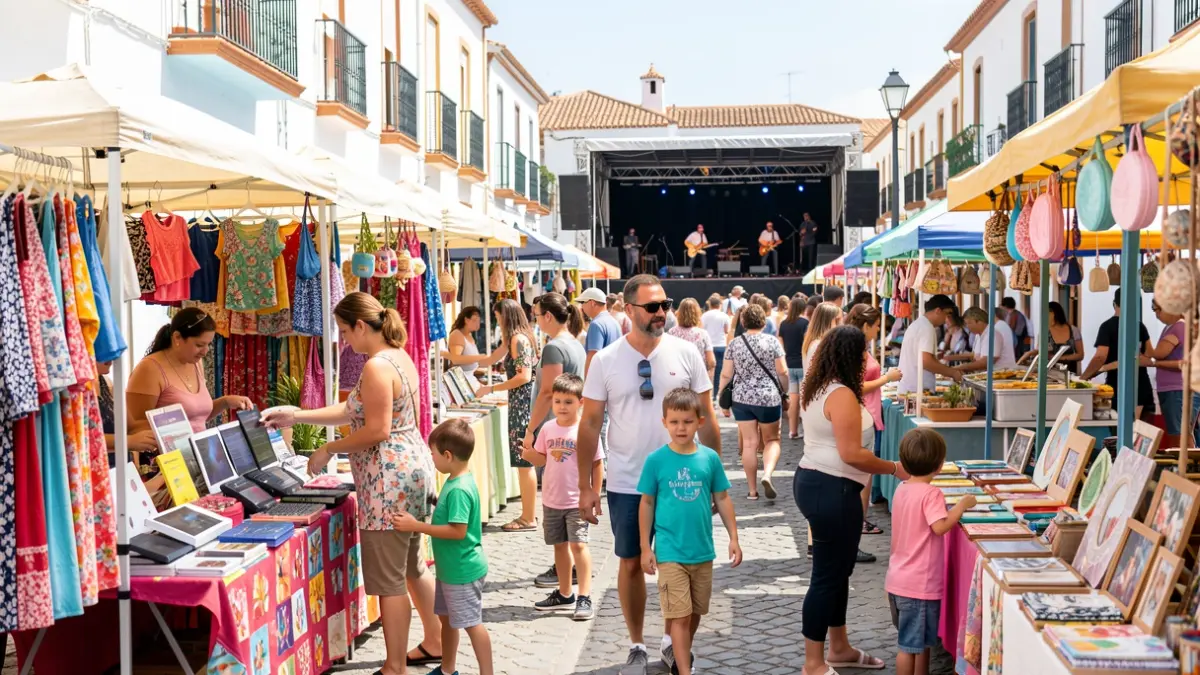 Generic image of the Fisaldo fair in Agüimes, Gran Canaria, with commercial stalls and a festive atmosphere.