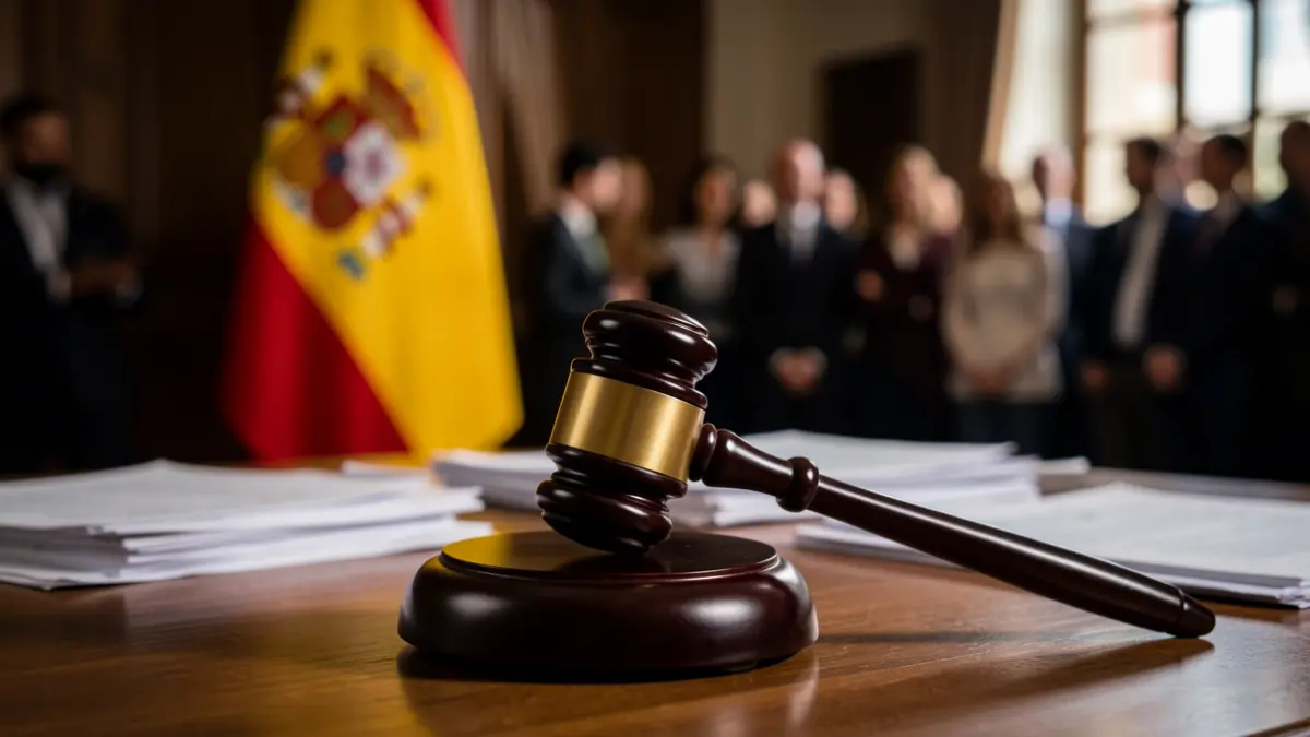 Imagen genérica de un mazo de juez sobre un escritorio con documentos legales y una bandera de España desenfocada.