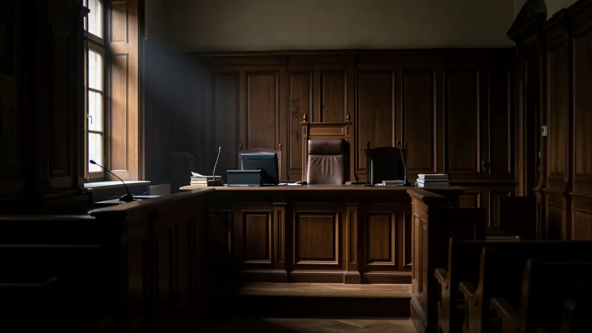Imagen genérica de una sala de tribunal con iluminación dramática.