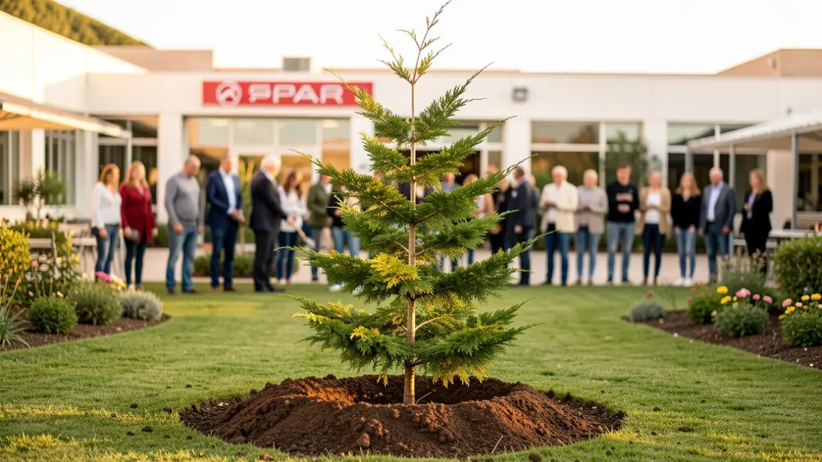 Plantación simbólica de un cedro canario en las instalaciones de SPAR Gran Canaria como parte de un acuerdo de reforestación.