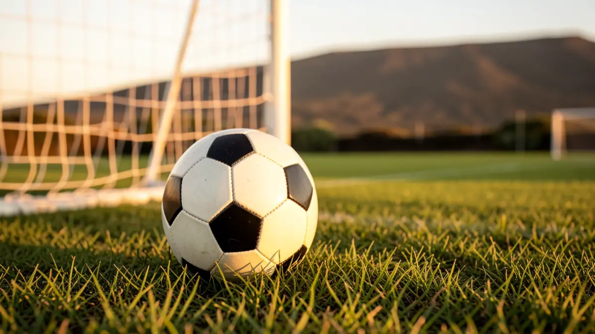 Generic image of a soccer ball on grass with the goal net blurred.
