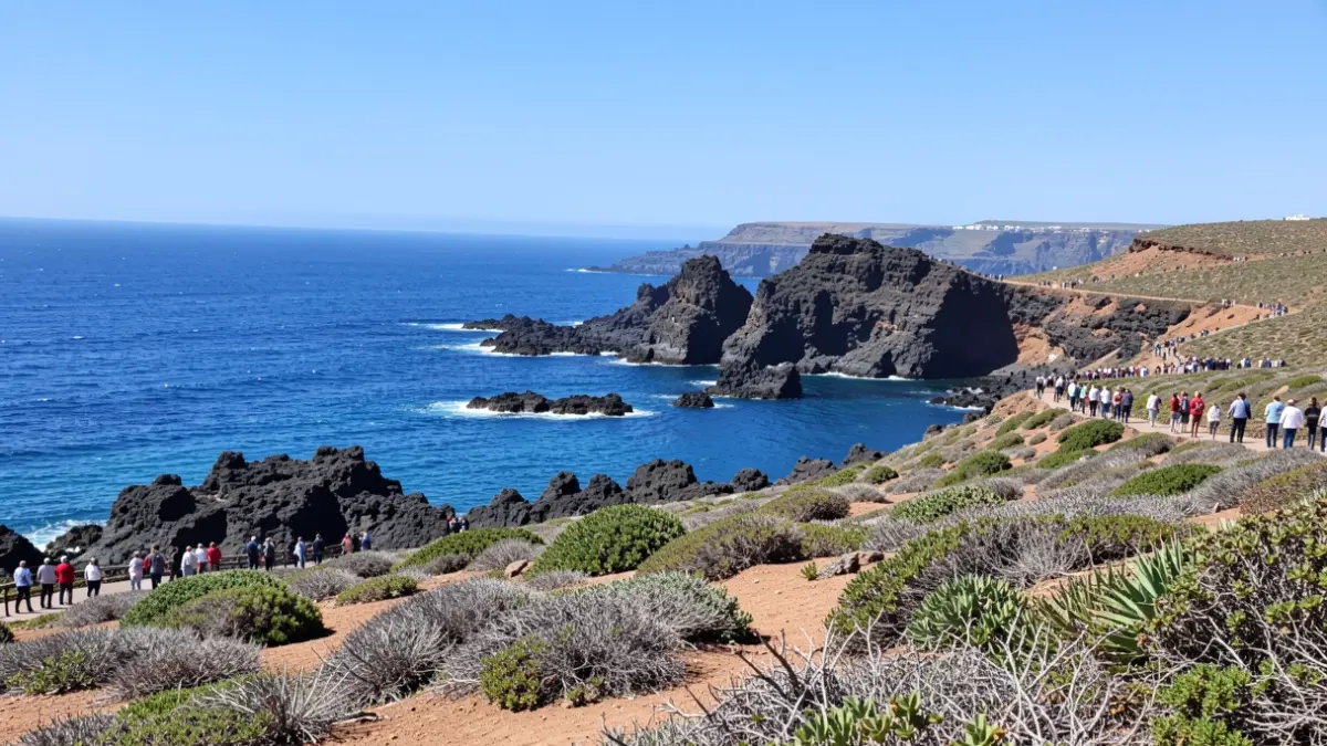 Panoramic view of Fuerteventura's coast with volcanic rock formations next to the blue ocean.