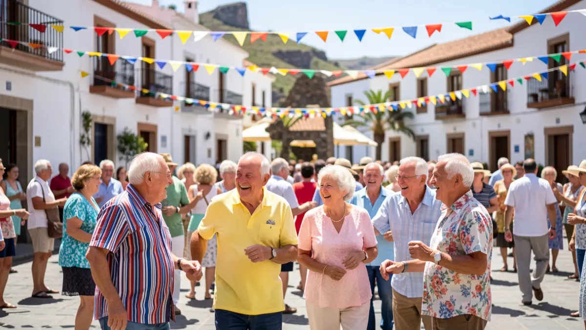 Generic image of senior citizens participating in a festive outdoor event in a sunny Canary Islands square.