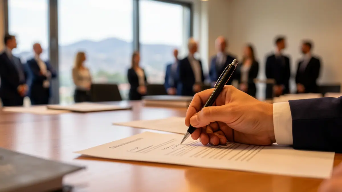 Generic image of a contract signing in an office with views of Fuerteventura.