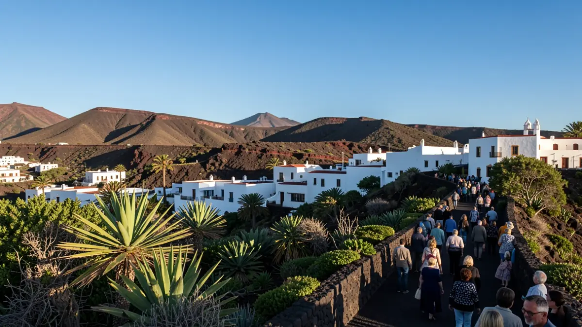 Imagen genérica de arquitectura tradicional canaria en un paisaje volcánico.