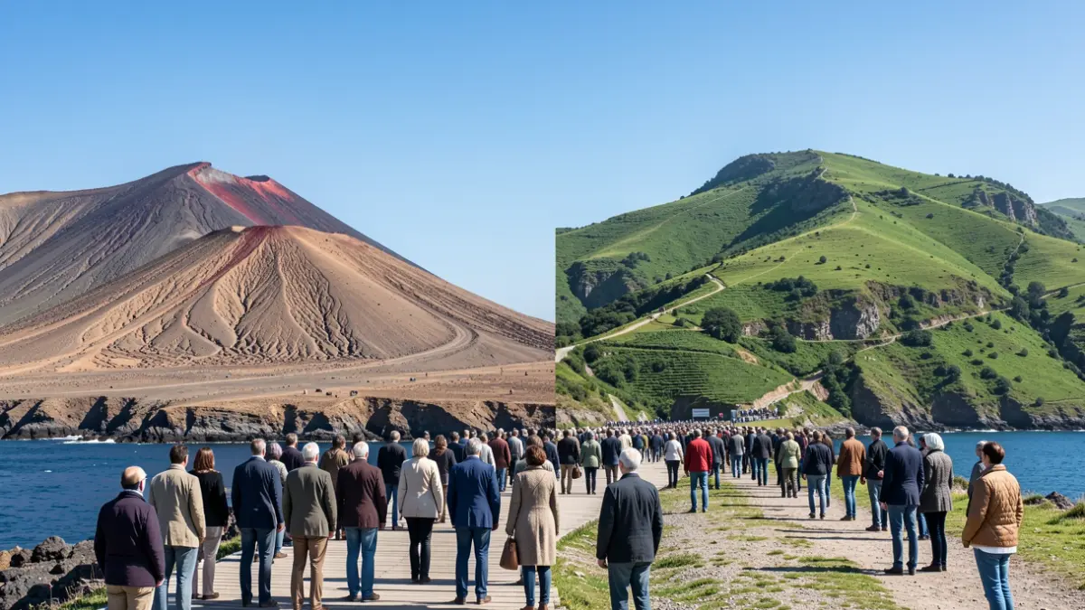 Symbolic image of two Canary Islands with distinct landscapes, representing shared challenges.