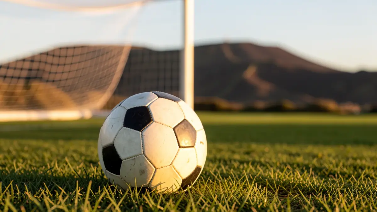 Imagen genérica de un balón de fútbol sobre césped con la red de portería desenfocada al atardecer.