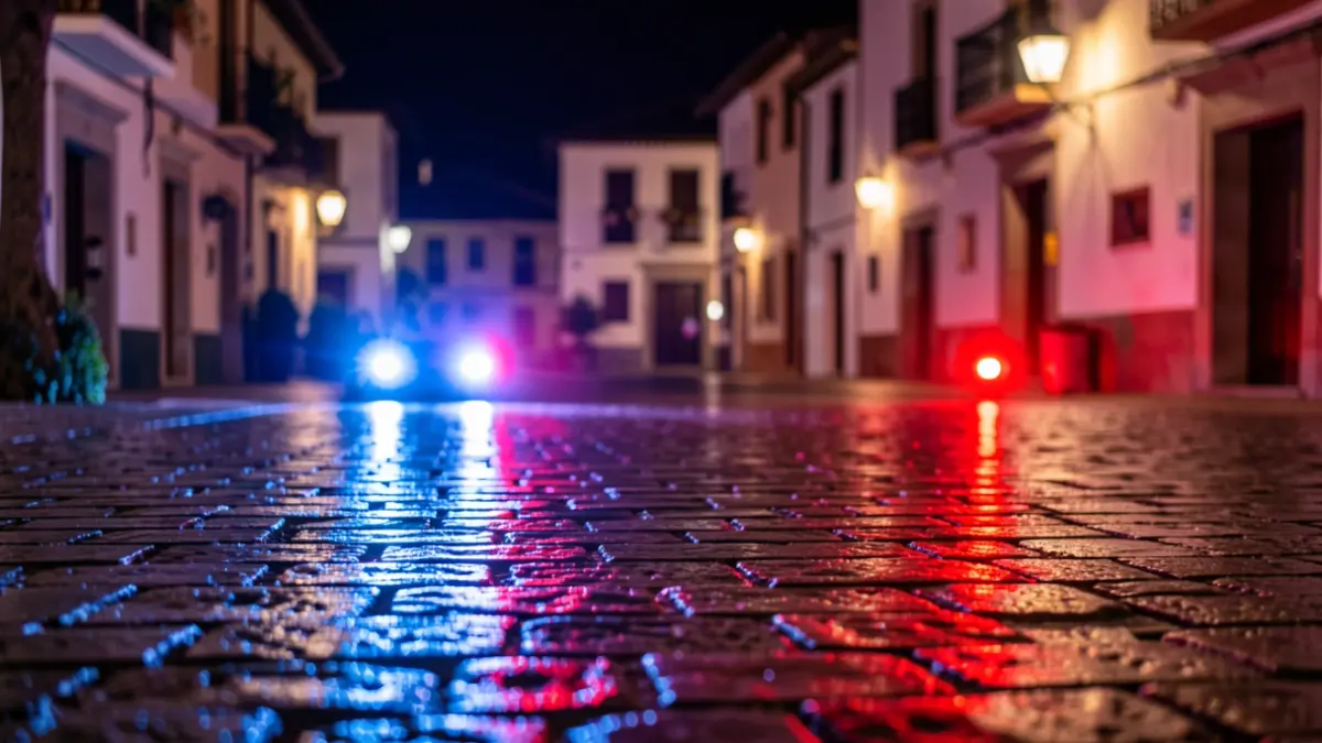 Imagen genérica de luces de emergencia policiales reflejándose en el asfalto mojado por la noche.