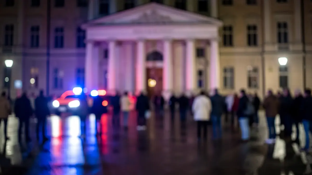 Generic image of emergency lights reflecting on wet asphalt.