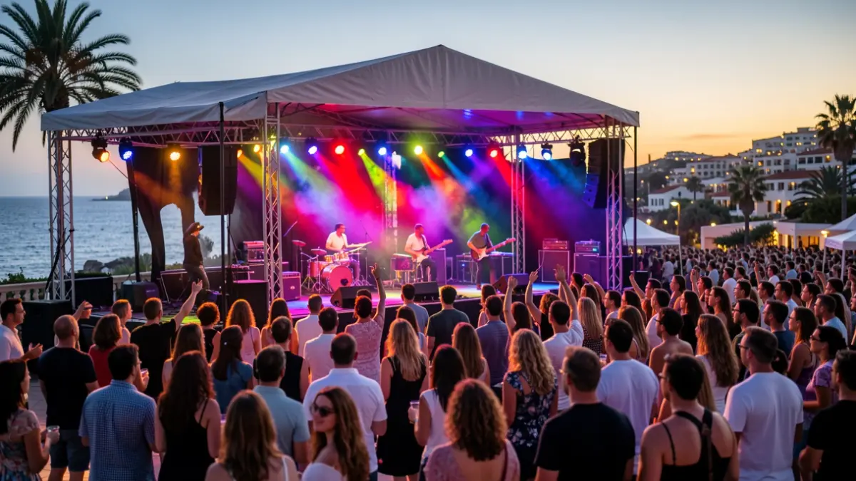Generic image of an outdoor stage in the Canary Islands at dusk, with lights and blurred crowd.