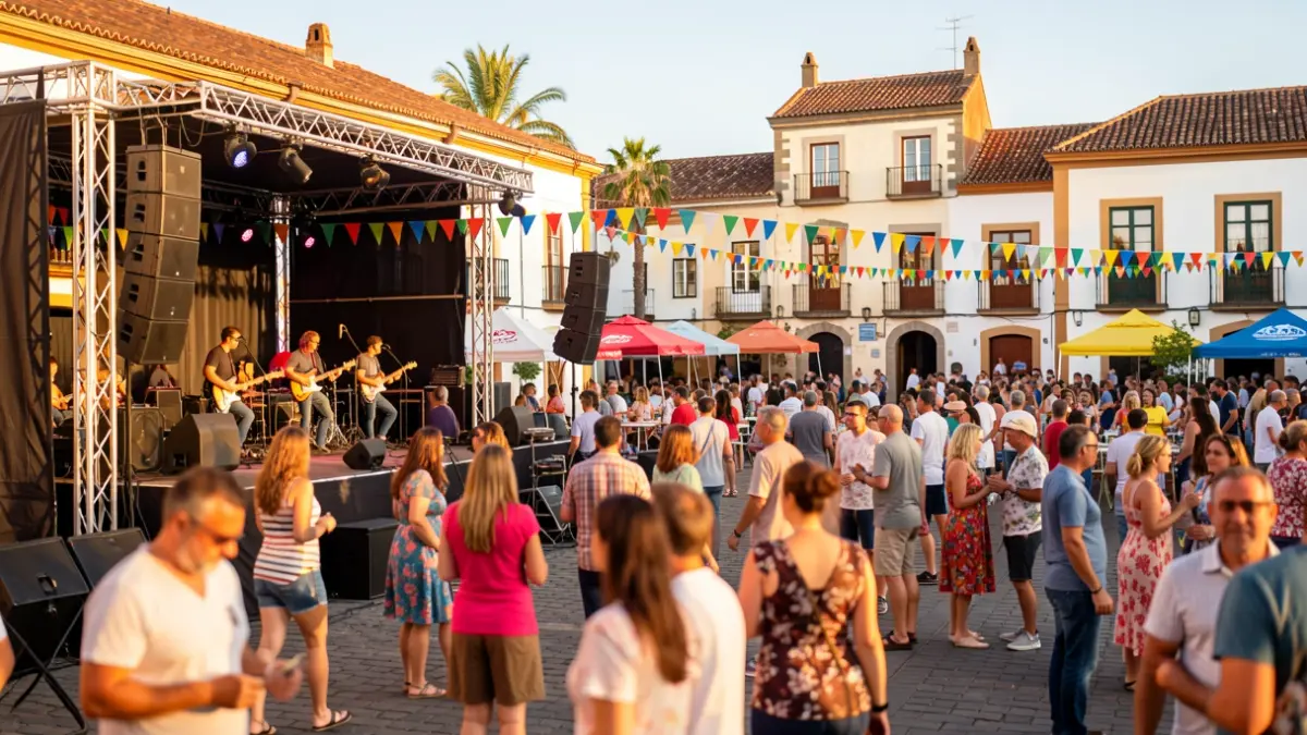Generic image of an outdoor music festival in a town square in the Canary Islands during the day.