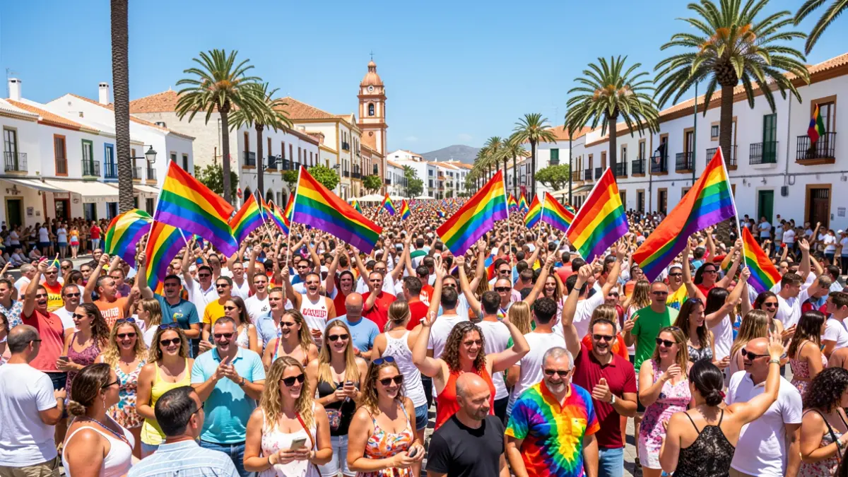 Imagen genérica de una multitud celebrando un evento de orgullo en Gáldar, Gran Canaria, con arquitectura local y banderas coloridas.