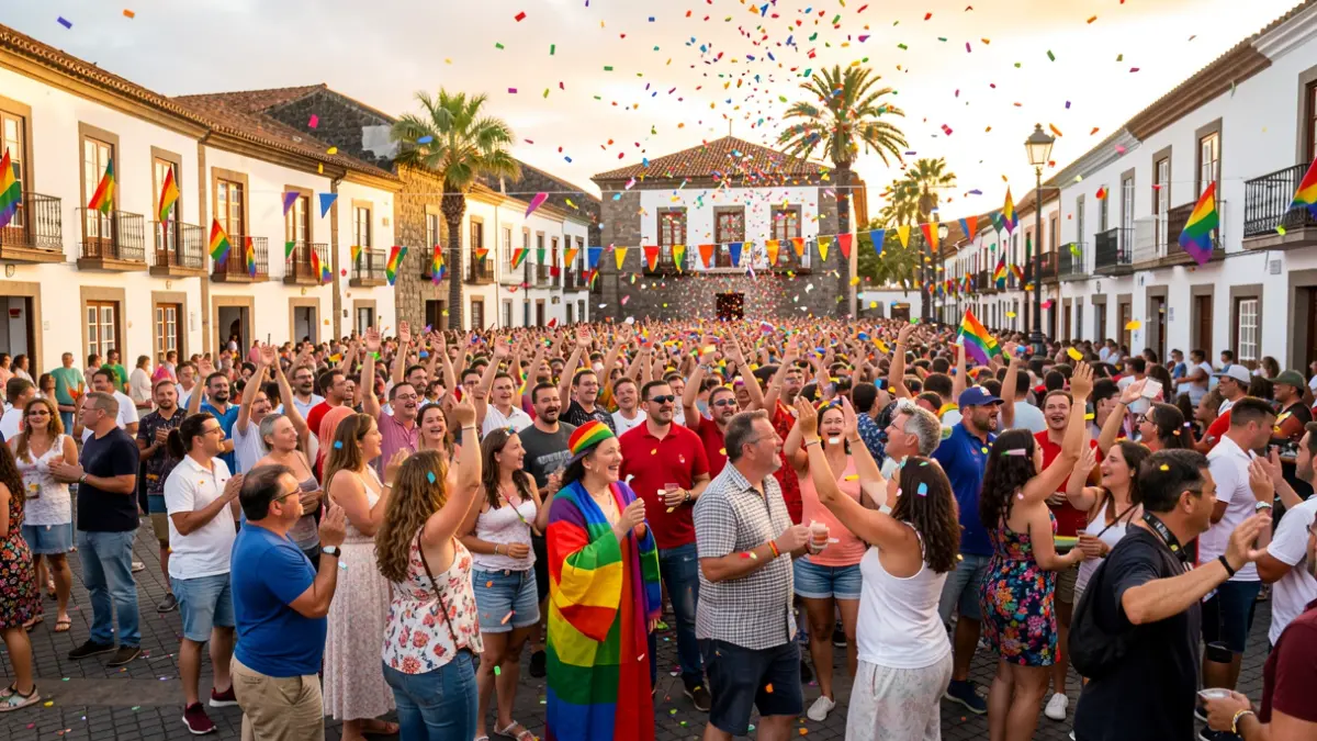 Multitud celebrando un evento de orgullo en una plaza con arquitectura canaria tradicional y confeti.