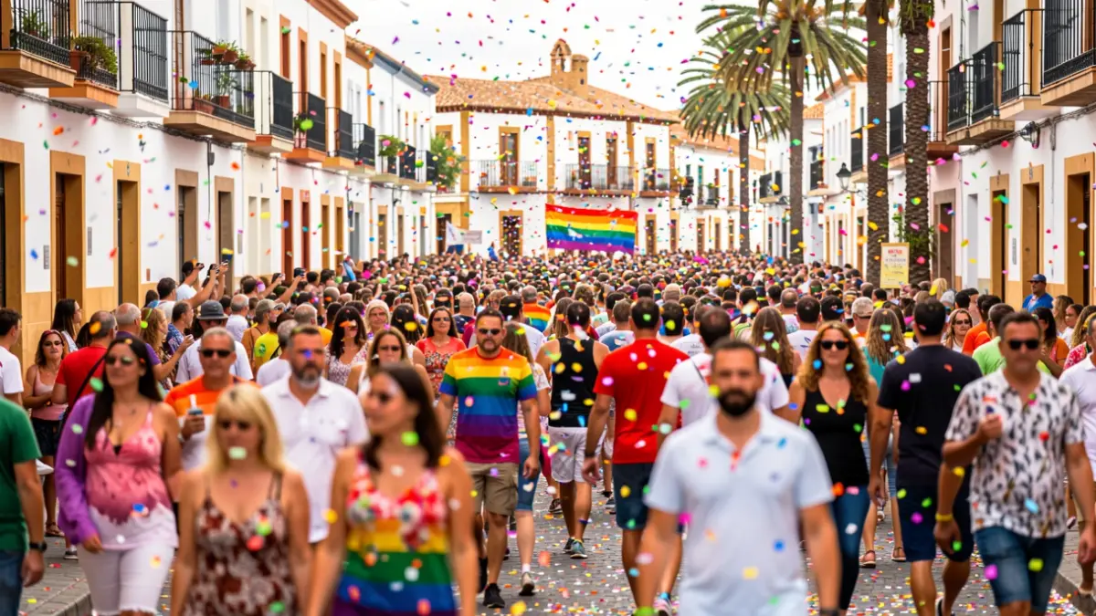 Generic image of a festive Pride atmosphere in Gáldar with Canarian architecture.