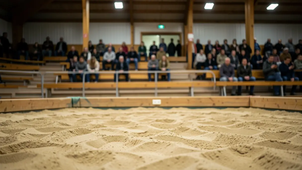 Image of a traditional Canary wrestling sand pit with sports pavilion lighting.