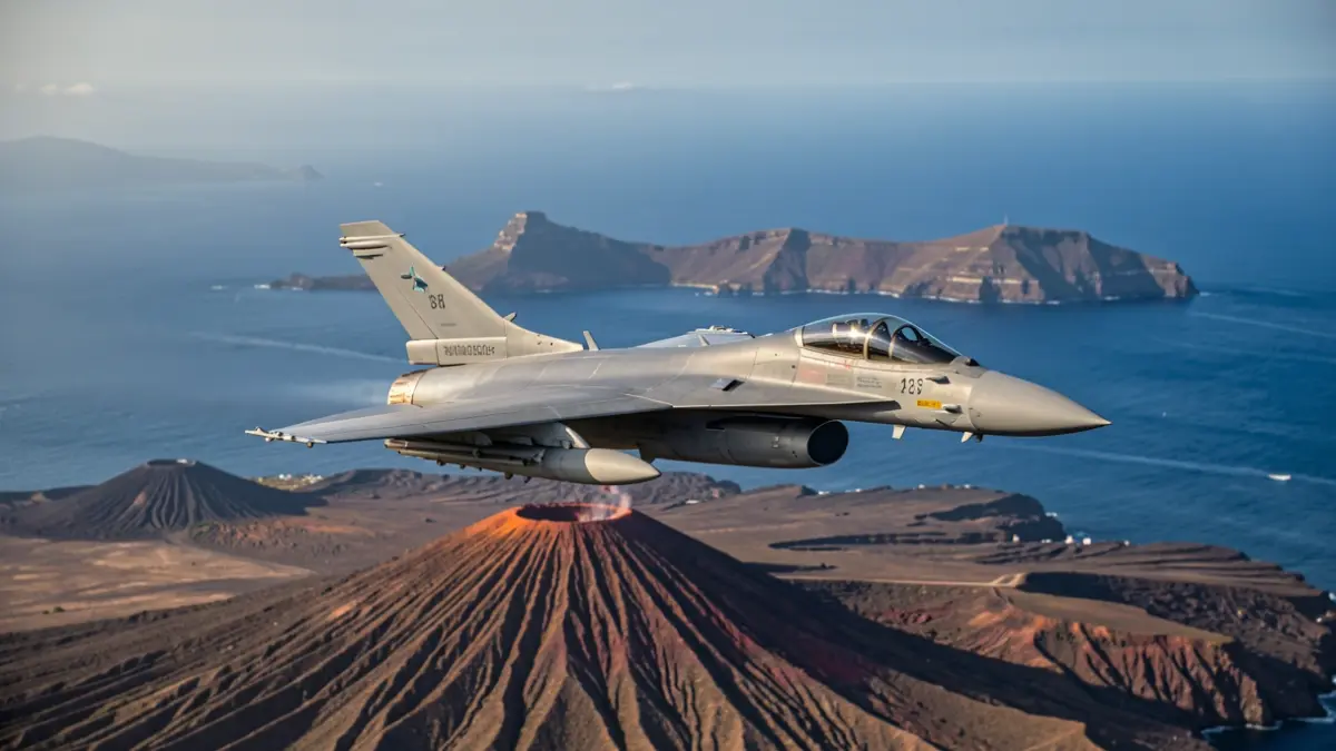 Eurofighter Typhoon volando sobre un paisaje volcánico de Canarias.