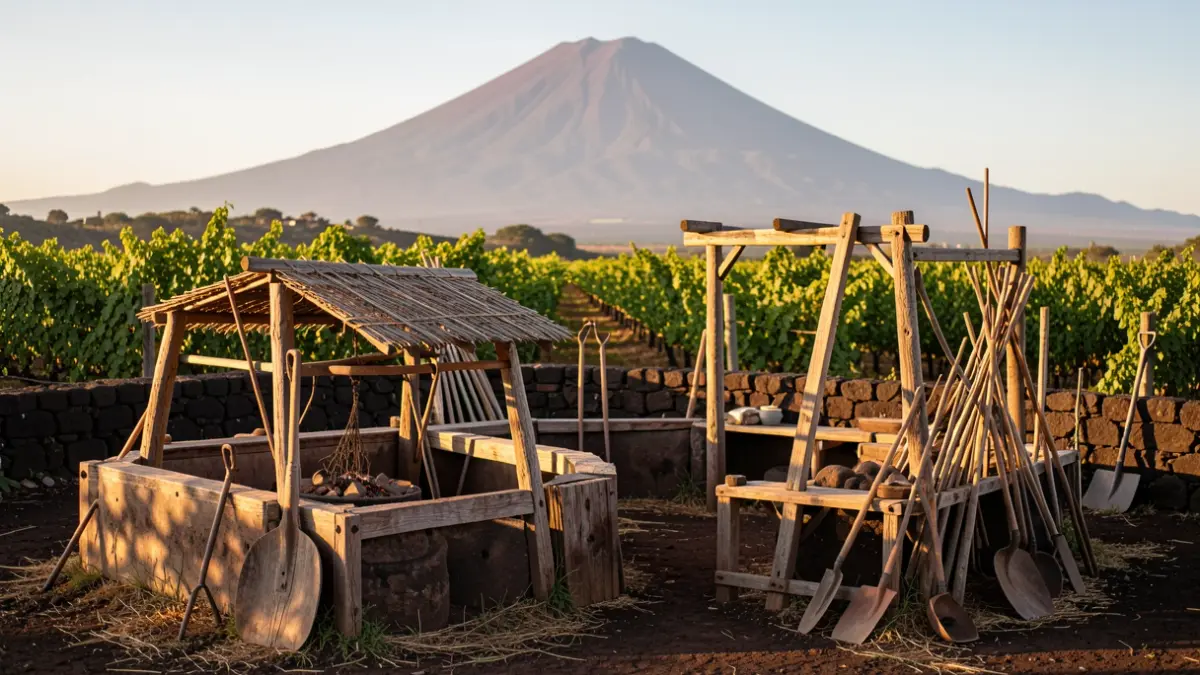 Imagen genérica del recinto etnográfico de Pinolere en La Orotava, con elementos tradicionales canarios y el Teide al fondo.