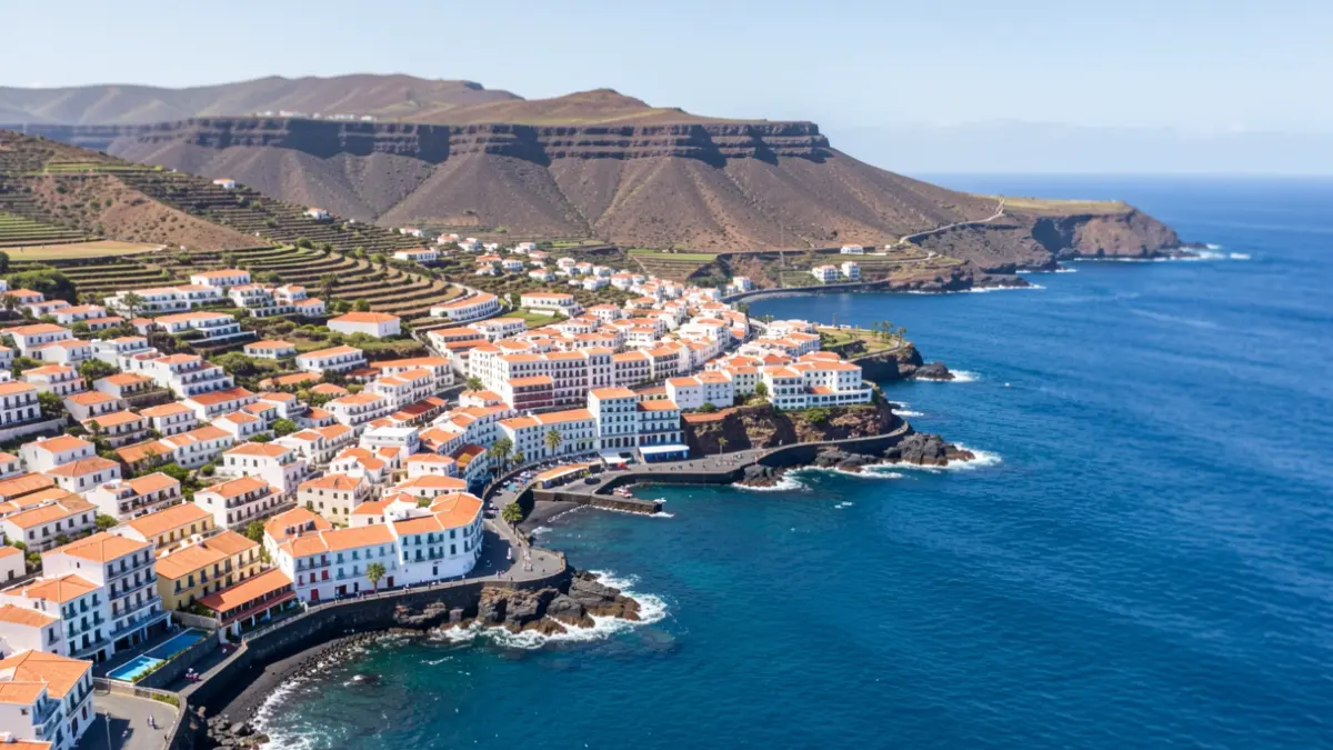 Aerial view of a historic coastal town in the Canary Islands with traditional architecture and volcanic landscape.