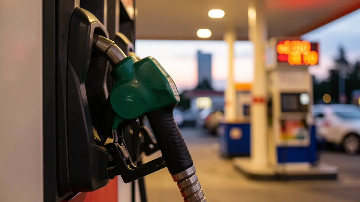 Primer plano de una manguera de gasolinera al atardecer, con el precio del combustible difuminado al fondo.