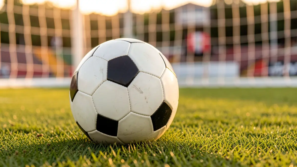 Generic image of a soccer ball on grass with the goal net out of focus.