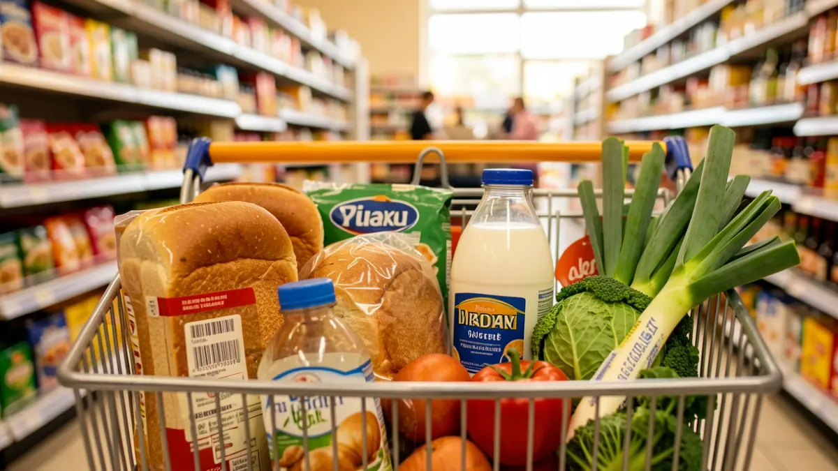 Imagen genérica de un carro de la compra lleno de productos básicos en un supermercado.
