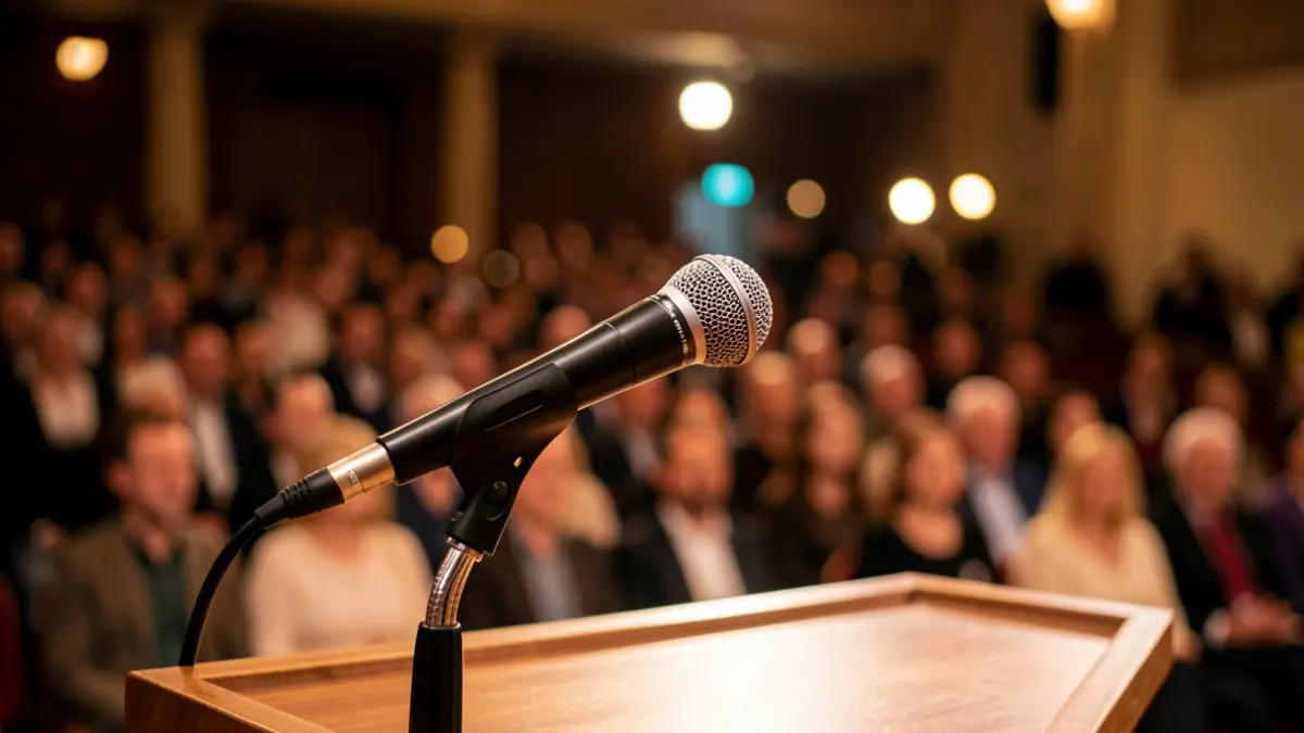 Generic image of a microphone on a stage.