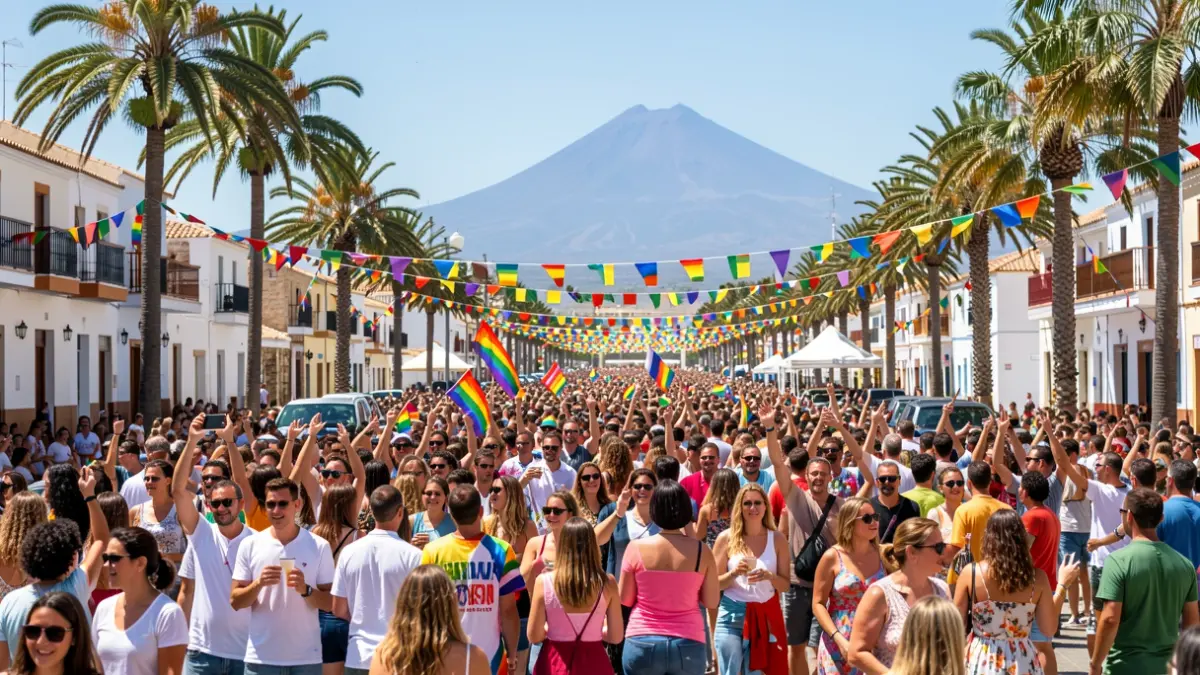 Generic image of a crowd celebrating an LGBTQ+ pride event in Gáldar, Gran Canaria, with a festive and colorful atmosphere.