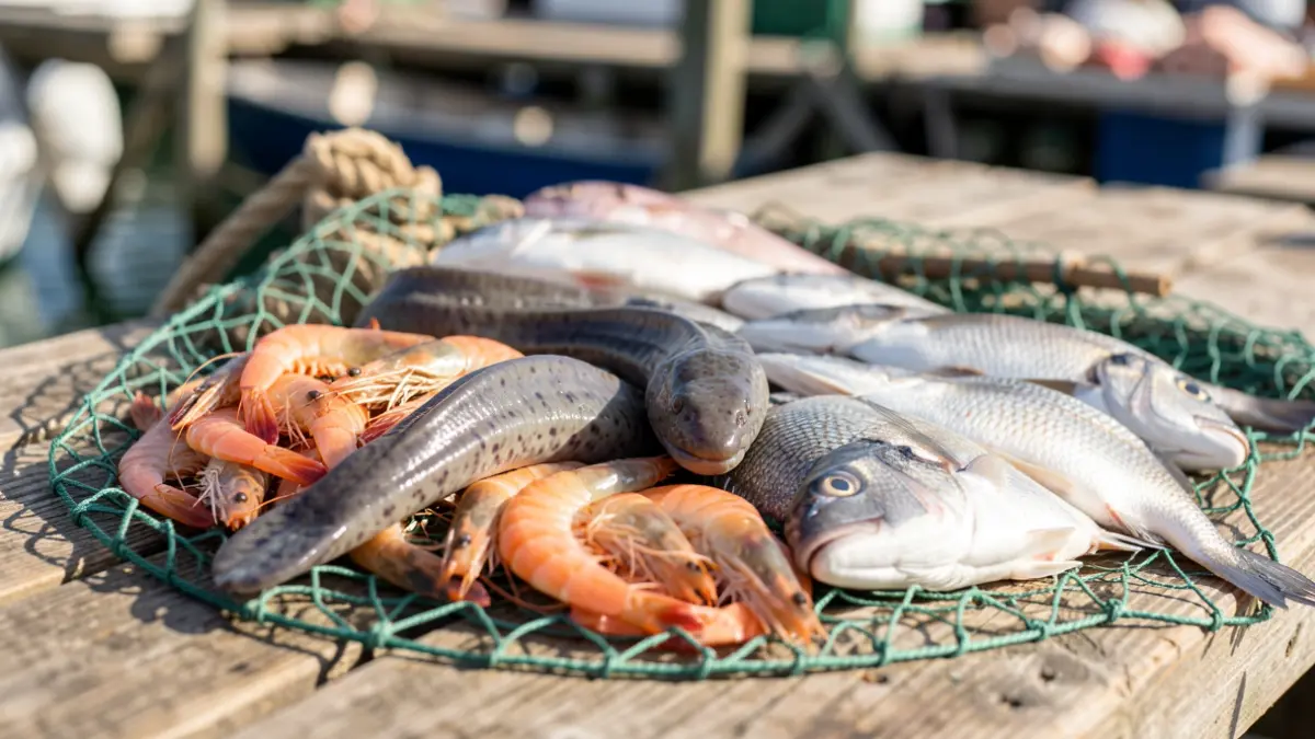 Primer plano de una red de pesca con marisco fresco variado, incluyendo camarones, morenas, brecas y cabrillas, sobre una superficie de madera rústica.