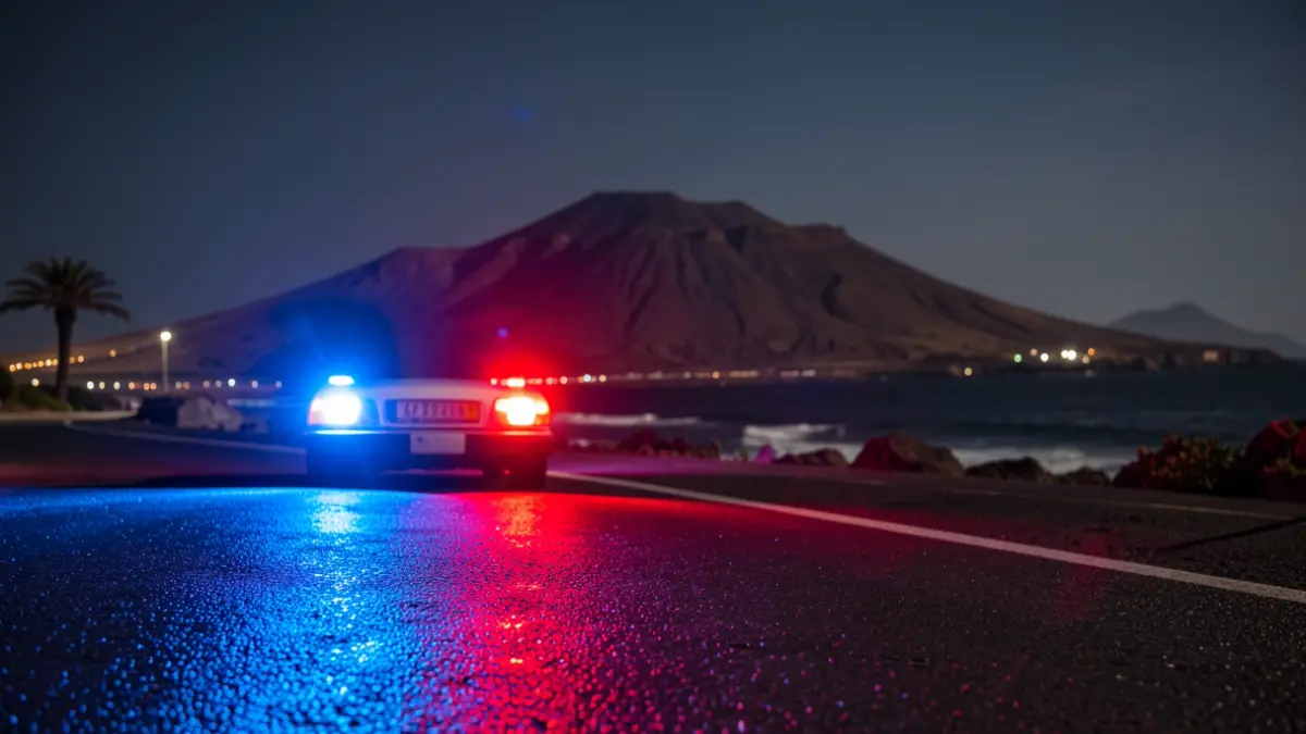Imagen genérica de luces de emergencia policiales reflejándose en el asfalto mojado por la noche.