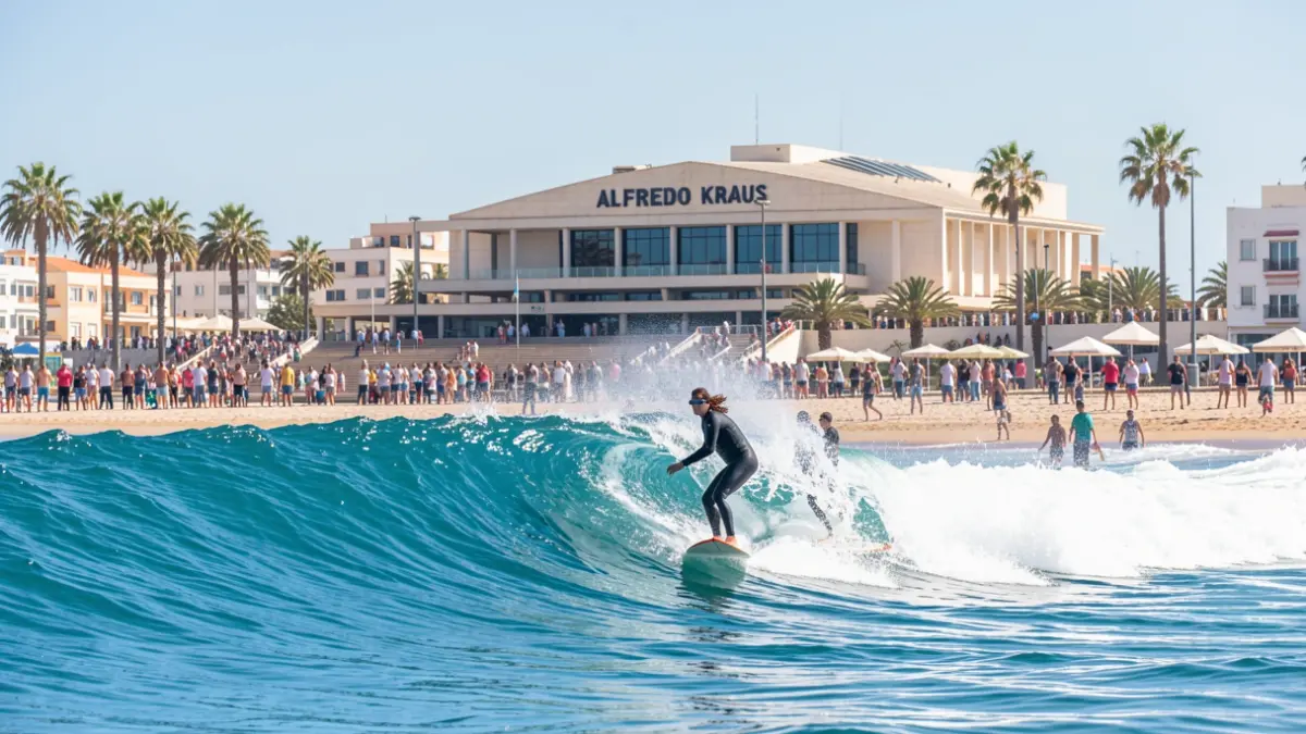 Image of a visually impaired surfer competing at Las Canteras beach, Gran Canaria.