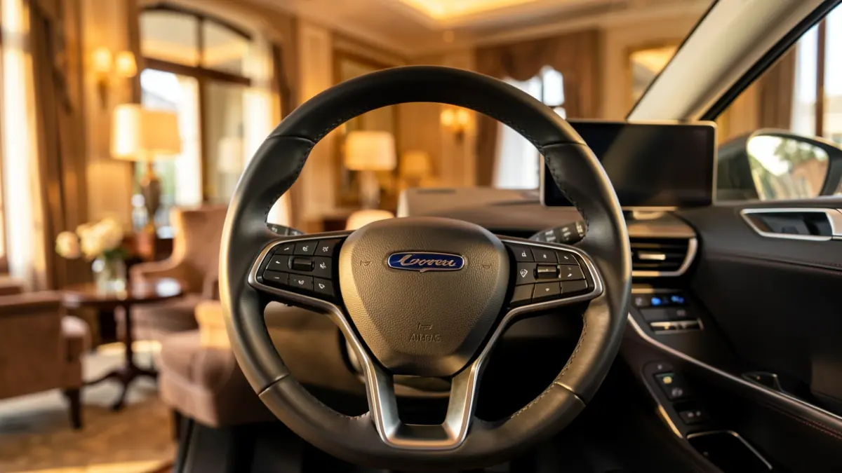 Interior de un vehículo eléctrico de alta gama en un entorno elegante.