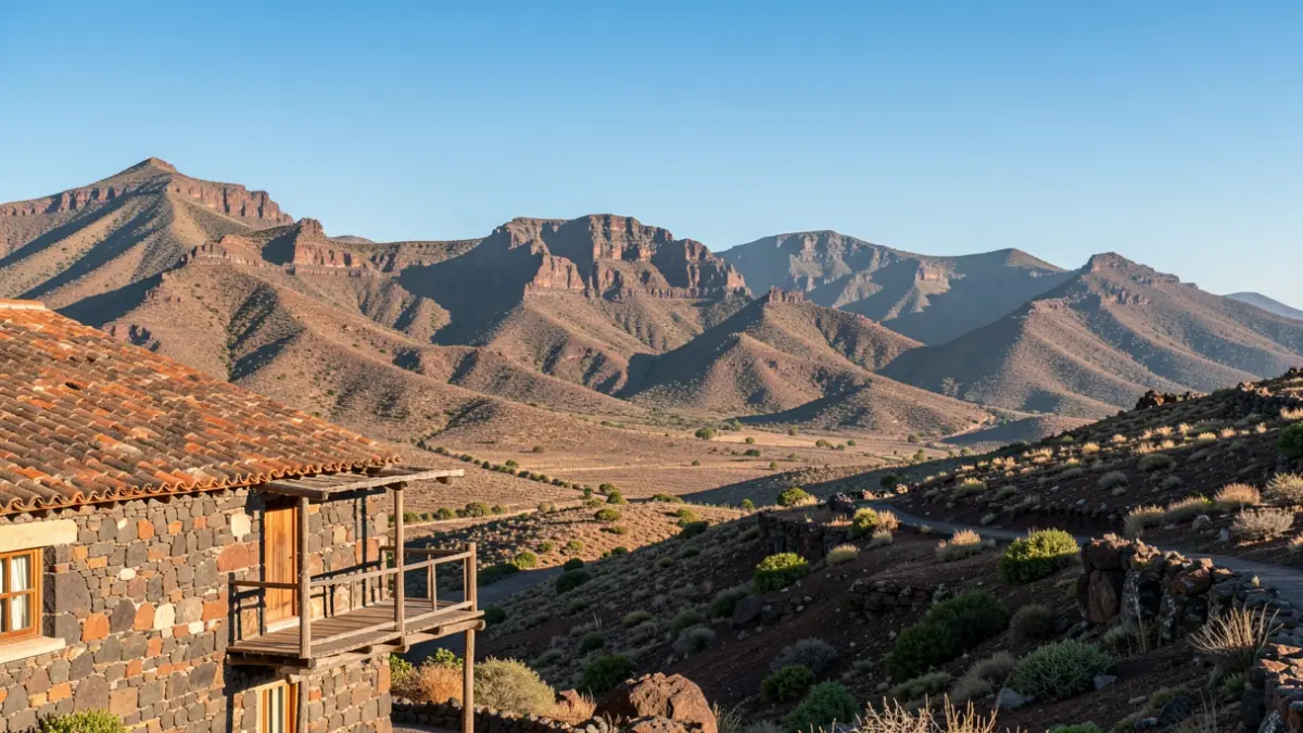 Vista panorámica del paisaje volcánico de las cumbres de Gran Canaria, con un edificio tradicional de piedra en primer plano.