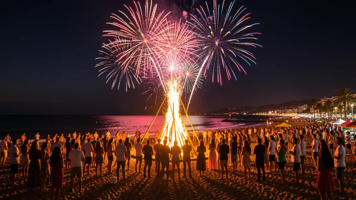 Generic image of a Gran Canaria beach celebrating San Juan Night with bonfires and fireworks.