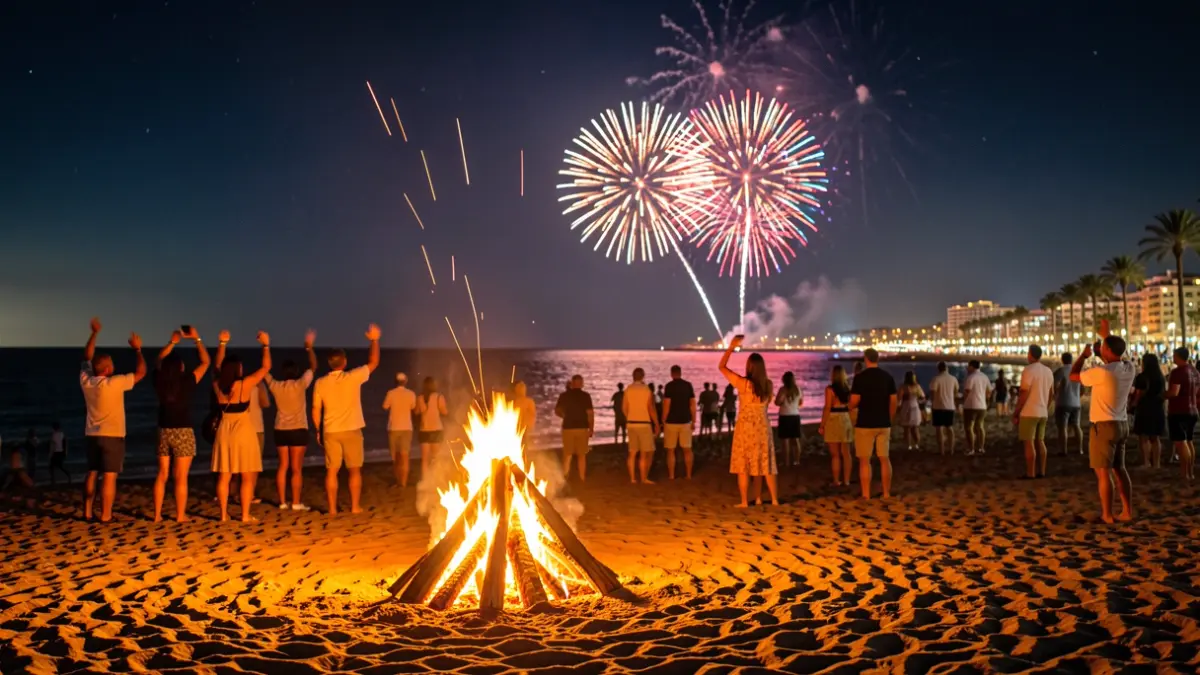 Generic image of San Juan Night on a Gran Canaria beach with bonfires and fireworks.
