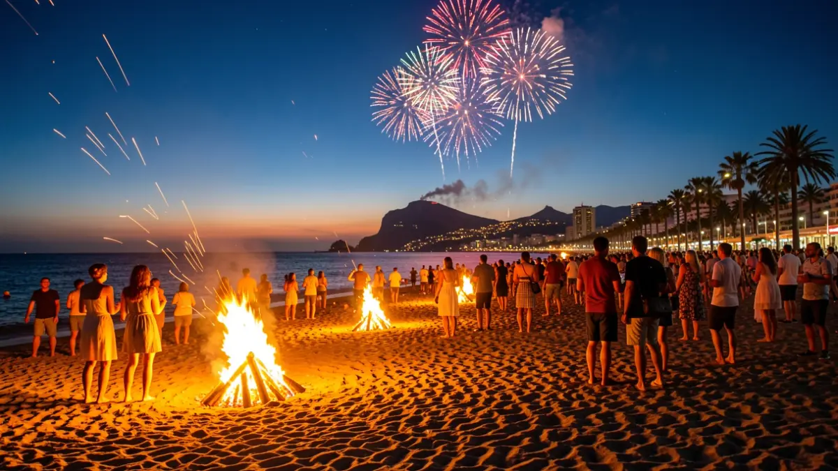 Imagen genérica de la noche de San Juan en una playa de Gran Canaria con hogueras y fuegos artificiales.