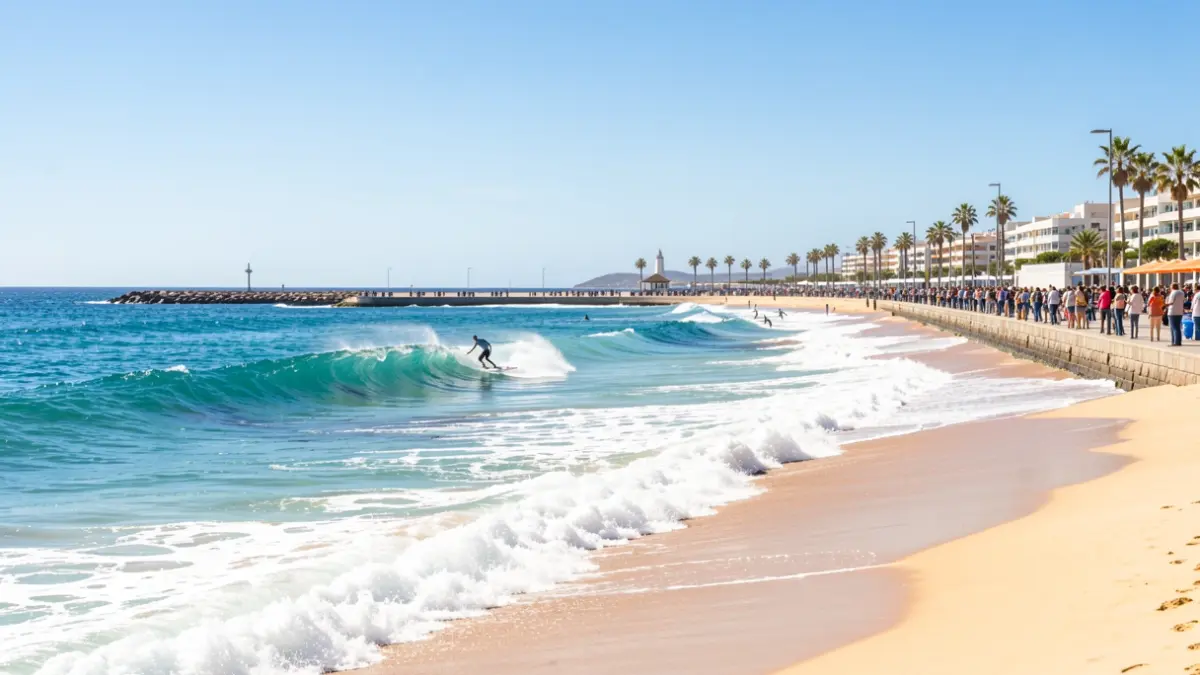 Image of surfers competing at Las Canteras beach, Gran Canaria.
