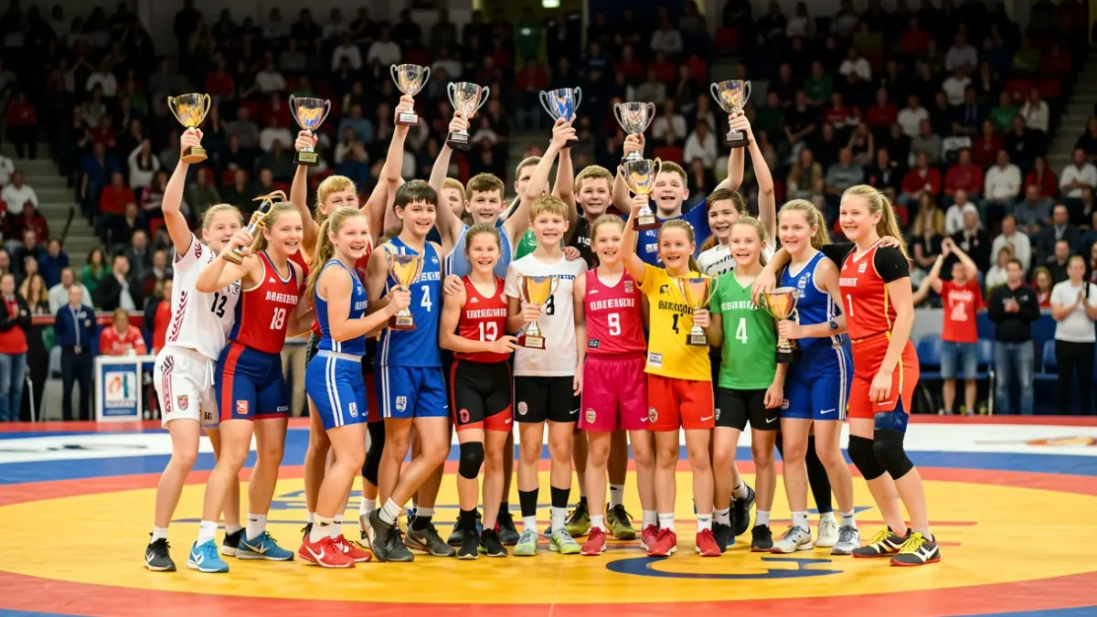 Generic image of young wrestlers celebrating a sports title with trophies.