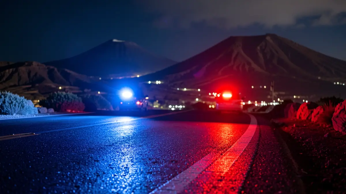 Imagen genérica de luces de emergencia policiales reflejándose en el asfalto mojado por la noche.